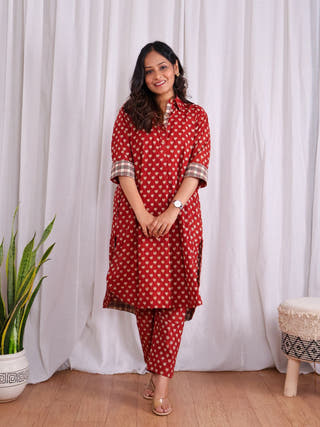 Tia Red Bagru HandBlock Print Cotton Kurta Set