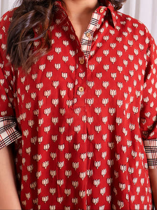 Tia Red Bagru HandBlock Print Cotton Kurta Set