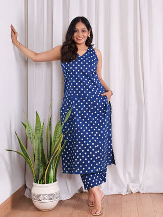 Stella Indigo HandBlock Dabu Print Cotton Kurta Set