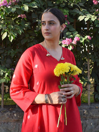 Red Jamdani Phiran Set