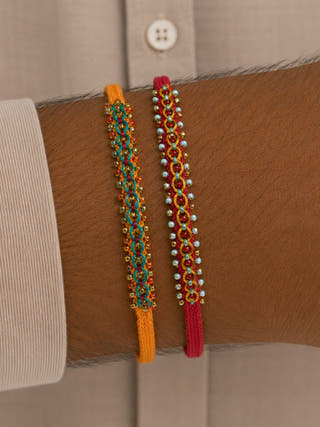 Hand Embroidered Double Leheriya Rakhi | Set Of 2 | Sea Green & Yellow