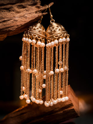 Dokra Jhumki Earrings with Pearls Tone Gold Miharu
