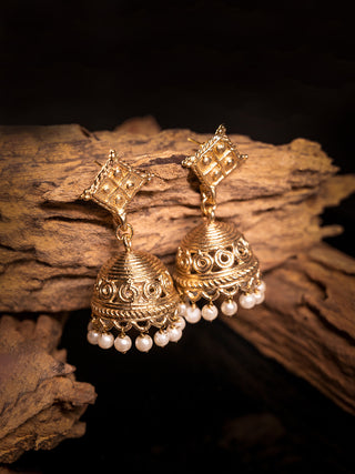 Dokra Jhumki Earrings with Pearls Gold Miharu