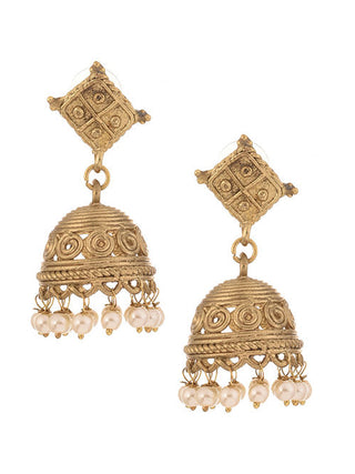 Dokra Jhumki Earrings with Pearls Gold Miharu