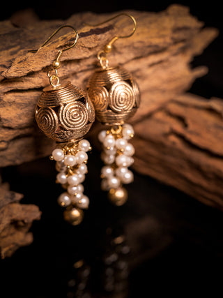 Dokra Jhumki Earrings with Pearls Gold Tone Miharu
