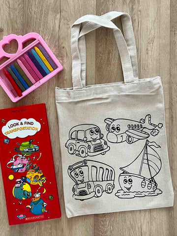DIY Colouring Little Boat, Plane, Car, Bus Tote Bag