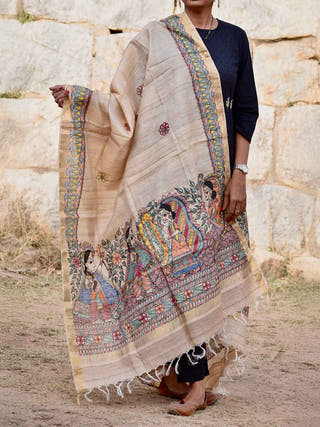 Madhubani Hand Painted Natural Tussar Silk Dupatta 1