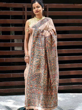 Traditional Handpainted Madhubani Tussar Silk Saree