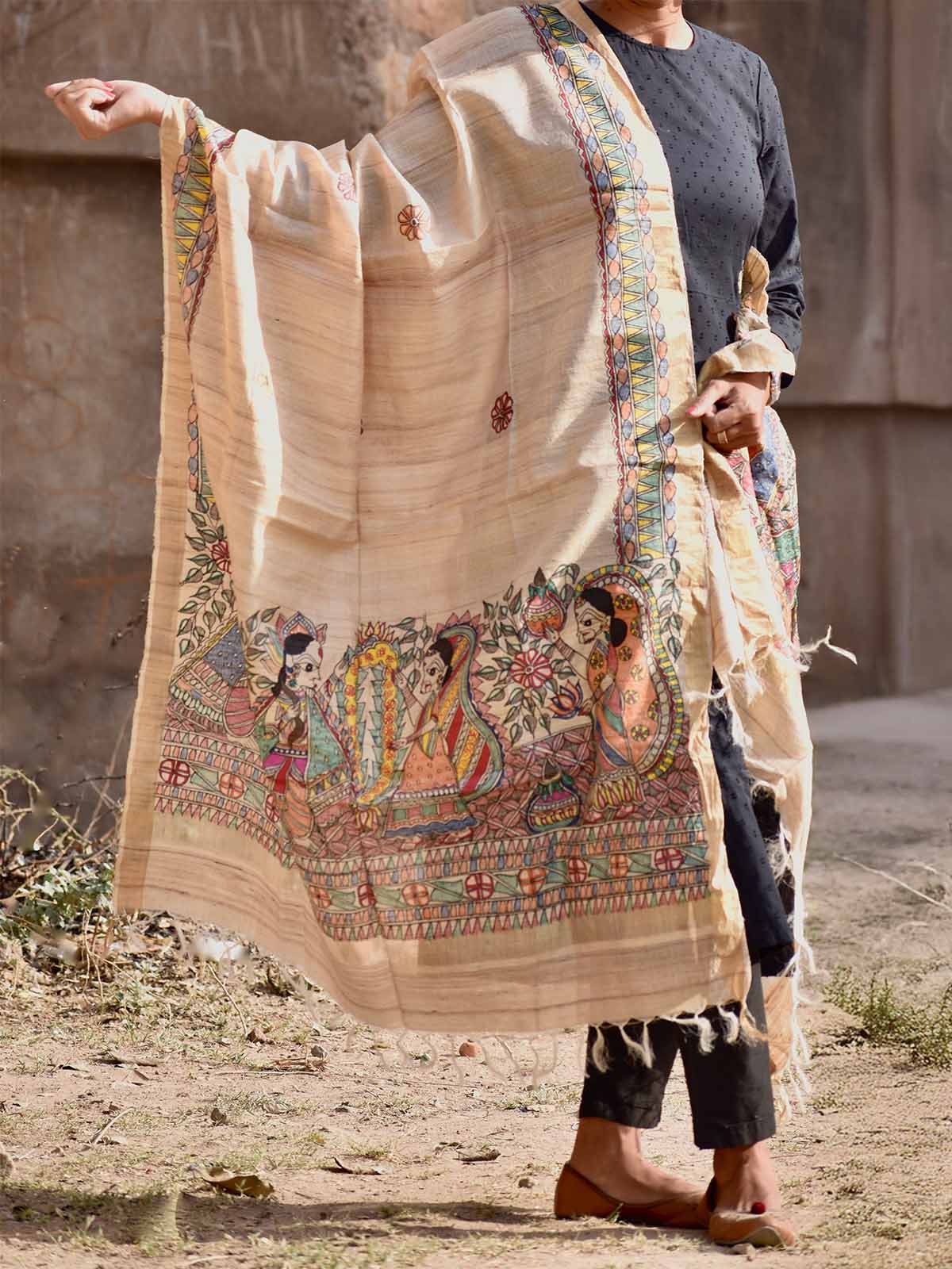 Madhubani Hand Painted Natural Tussar Silk Dupatta 1