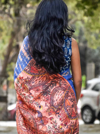 Madhubani Shibori Hand Painted Serene Linen Saree