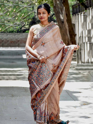 Traditional Handpainted Madhubani Tussar Silk Saree