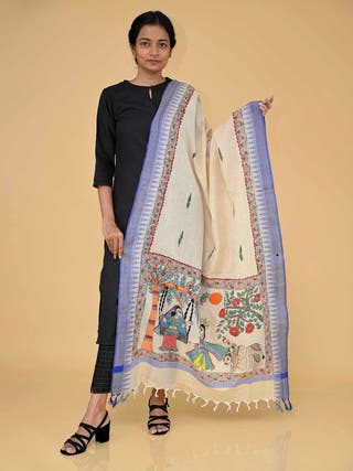 Handpainted Radhakrishna Madhubani Cotton Dupatta