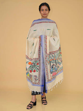 Handpainted Radhakrishna Madhubani Cotton Dupatta