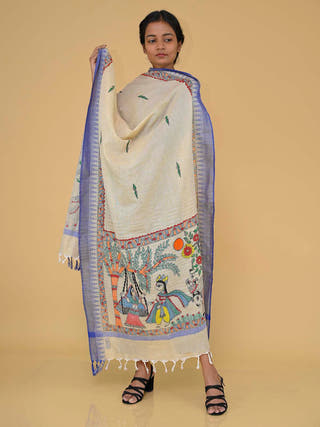 Handpainted Radhakrishna Madhubani Cotton Dupatta