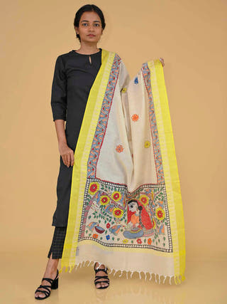 Handpainted Nature Madhubani Cotton Dupatta