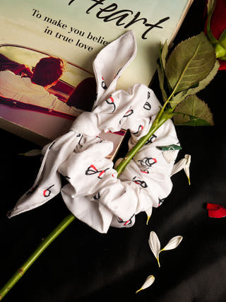 Rose Printed Bamboo Scrunchies Set of 2 White ECOKARI