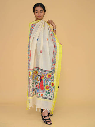 Handpainted Nature Madhubani Cotton Dupatta