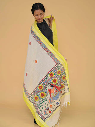 Handpainted Nature Madhubani Cotton Dupatta