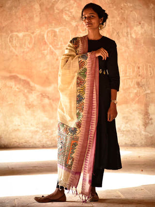 Madhubani Hand Painted Cotton Multicolor Dupatta