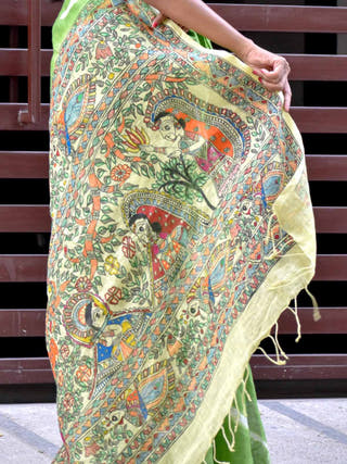 Madhubani Shibori Hand Painted Linen Saree