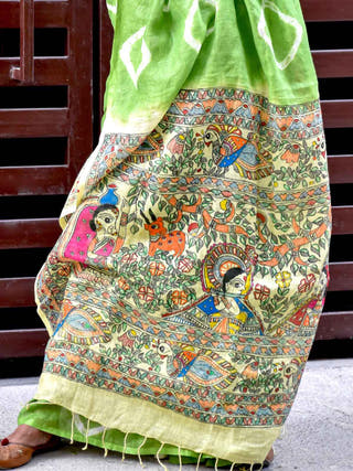 Madhubani Shibori Hand Painted Linen Saree