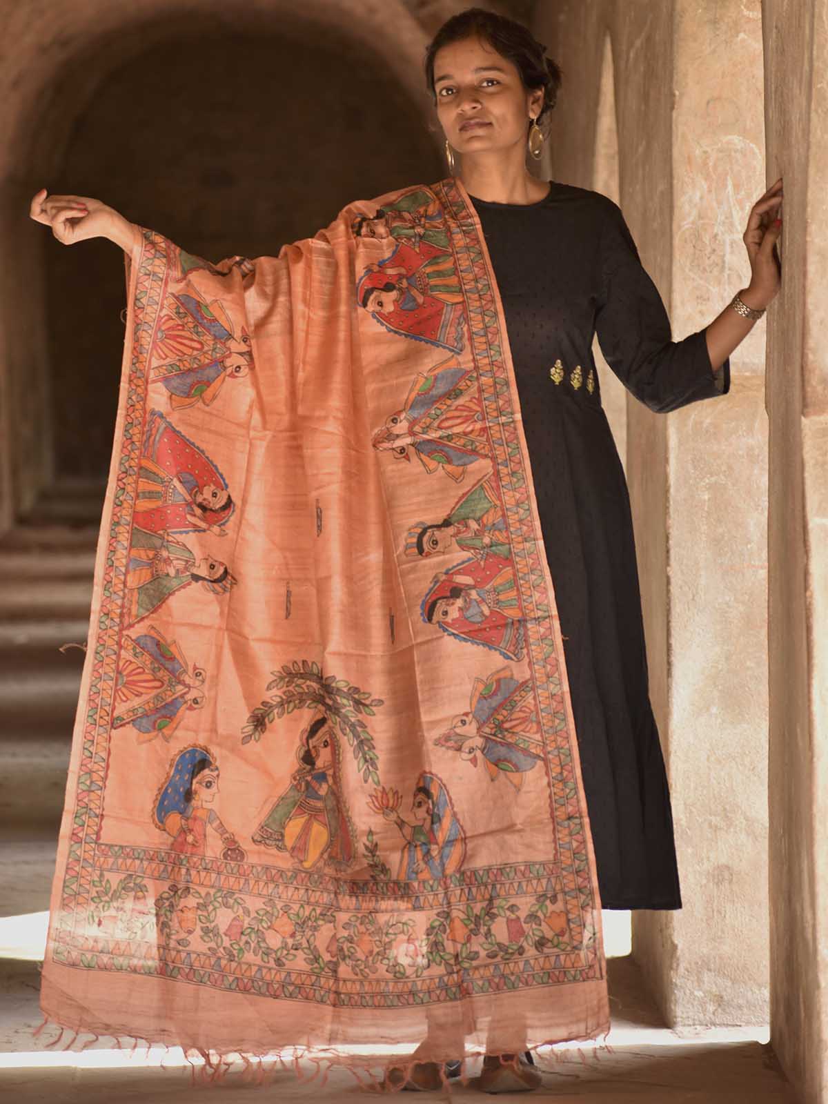 Madhubani Hand Painted Salmon Tussar Silk Dupatta