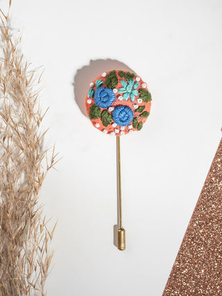 Rosebud Blossom Hand Embroidered Pin Brooch Pink/ Blue Sutanuti studio