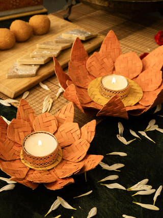 Lotus Handcrafted Bamboo Tealight Holder- Set of 2