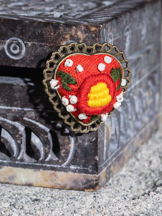 Rosebud Blossom  Hand Embroidered Heart Ring Red/Red Sutanuti studio