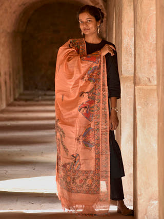 Madhubani Hand Painted Salmon Tussar Silk Dupatta