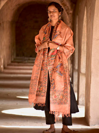 Madhubani Hand Painted Salmon Tussar Silk Dupatta