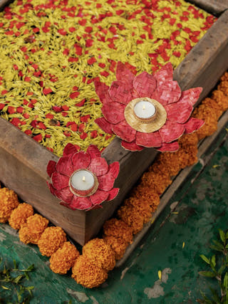 Red Lotus Handcrafted Bamboo Tealight Holder- Set of 2