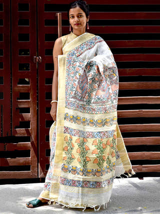 Madhubani Hand Painted Linen Saree