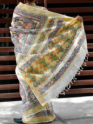 Madhubani Hand Painted Linen Saree