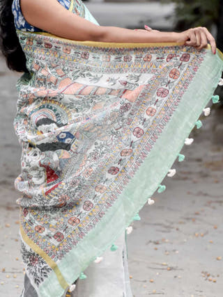 Madhubani Handpainted Radha Krishn Linen Saree