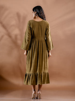Aranya Embroidered Olive Kala Cotton Dress