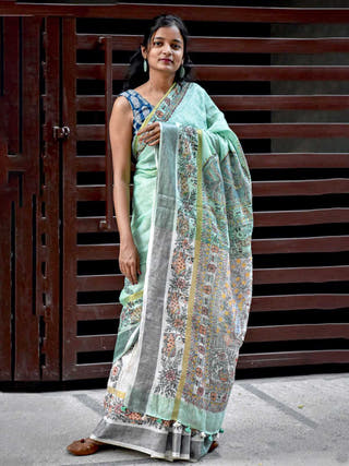 Madhubani Handpainted Radha Krishn Linen Saree