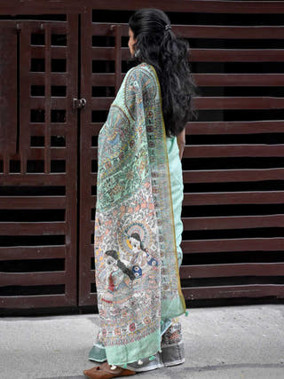 Madhubani Handpainted Radha Krishn Linen Saree