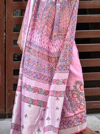Madhubani Hand Painted Pink Linen Saree