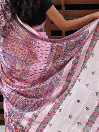 Madhubani Hand Painted Pink Linen Saree