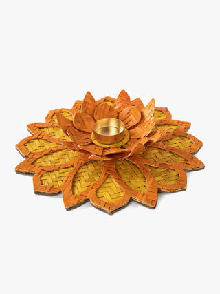 Yellow Handcrafted Bamboo Rangoli with Lotus Tea Light Holder