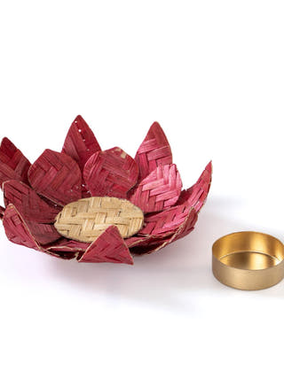 Red Lotus Handcrafted Bamboo Tealight Holder- Set of 2