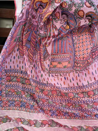Madhubani Hand Painted Pink Linen Saree