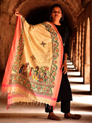 Madhubani Cotton Ram Sita Vivah Handpainted Dupatta