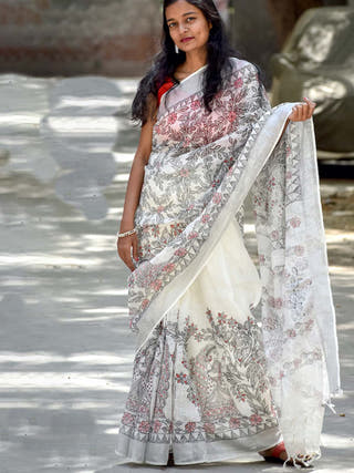 Traditional Handpainted Madhubani Linen Saree