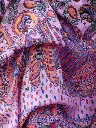 Madhubani Hand Painted Pink Linen Saree