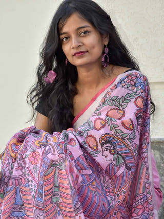 Madhubani Hand Painted Pink Linen Saree