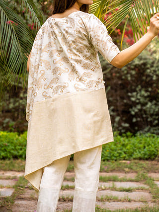 Golden Peacock And Stripe Asymmetrical Dress MORALFIBRE