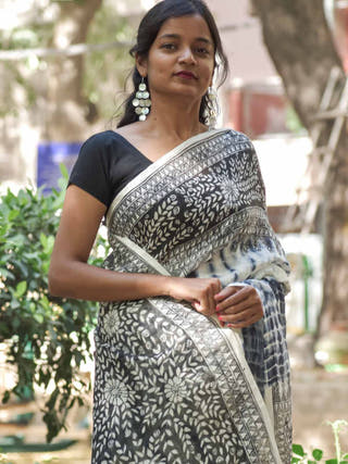 Madhubani Handpainted Floral Handapainted Linen Saree