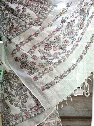 Traditional Handpainted Madhubani Linen Saree